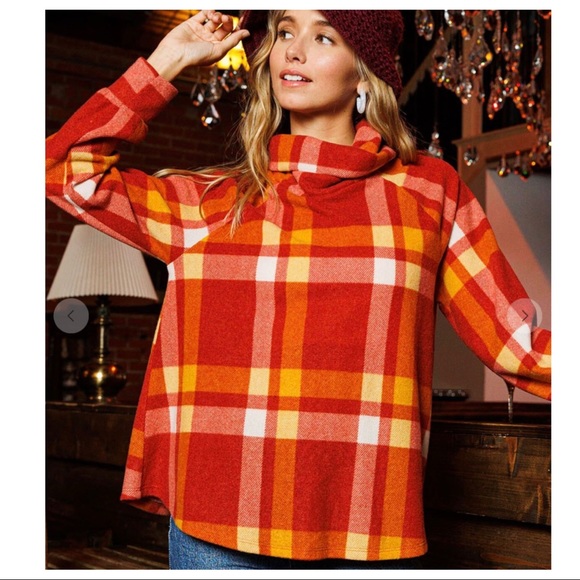 #11 Boho Beautiful Cowl Mock Neck Check Top - Picture 4 of 7
